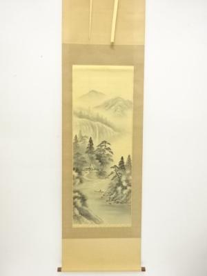 粥川天舟筆　水墨山水　肉筆絹本掛軸